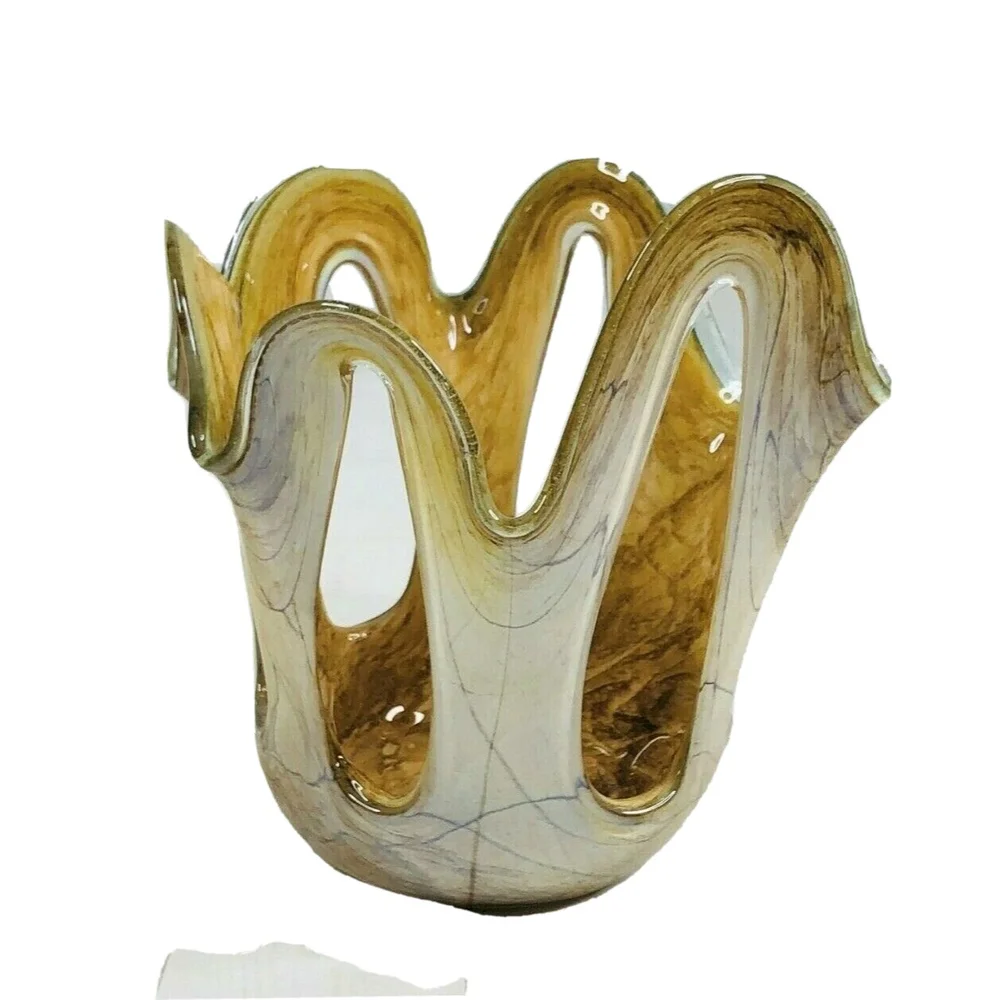 Vtg Makora Krosno Hand Blown Open Scalloped Edges Iridescent Glass Vase Poland